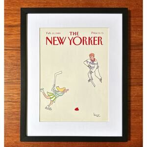 Framed 1989 New Yorker Magazine Feb 13 Figure Skating Hockey Arnie Levin